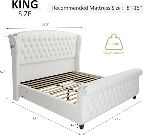 Image of AMERLIFE King Size Platform Bed Frame, Chenille Upholstered Sleigh Bed with Scroll Wingback Headboard & Footboard /Button Tufted /No Box Spring Required /Cream