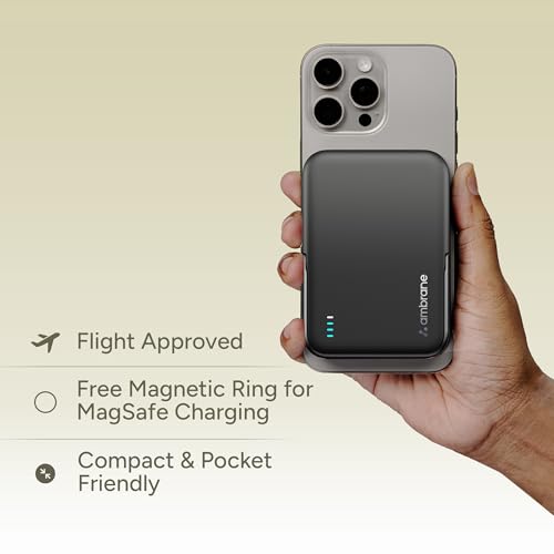 Image of Ambrane MagSafe Wireless 10000mAh Fast Charging Power Bank with Mobile Stand, Strong Magnet, 22.5W Output for iPhone 12 & Above, Android & Other Qi Enabled Device + Magnetic Ring (Maglite, Green)
