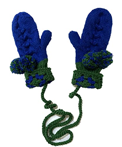BIBITIME Women Knitted Winter Gloves Mittens Handmade Pom Balls Decorations Warm (One Size, Blue)