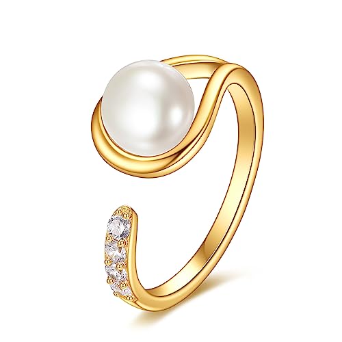 Pearl Ring for Women Gold Plated Cubic Zirconia Ajustable 925 Sterling Silver Jewelry Gifts for Girlfriend Wife
