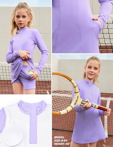 Image of Perfashion Girls Tennis Dress 1 /4 Zip Golf Outfit Built-in Bra & Shorts Pickleball Athletic Dress Workout Pockets 4-13Y
