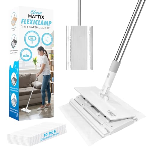 CleanMattix - FlexiClamp Sweep & Mop Kit - Compatible with Swiffer Pads, Durable Cleaning Tool for Hardwood, Tile, Marble & Laminate Floors, Home, Kitchen Cleaning Essentials. (Include 10 Dry Cloths)