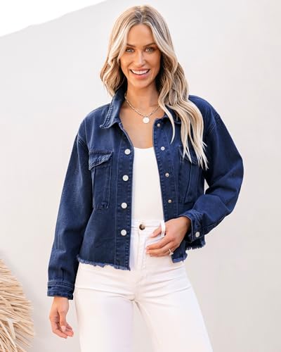 luvamia Jean Jacket Women Trendy Oversized Denim Jacket Raw Hem Long Sleeves Fashion Casual Jackets Shacket with Pockets2