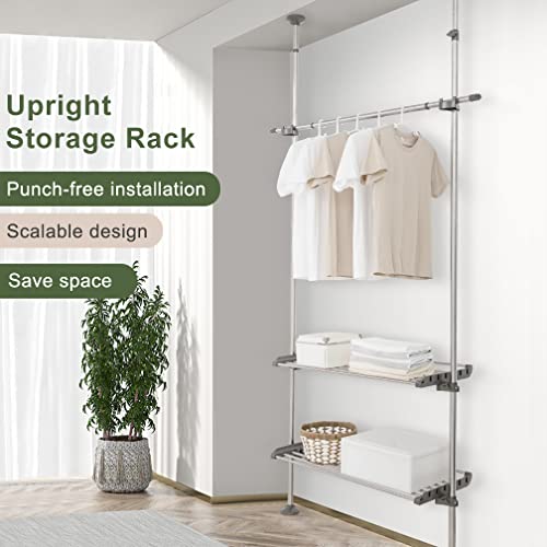 Hershii Indoor Garment Rack Coat Hanger Extendable Clothes Hanging Rails Tension Pole Laundry Room Storage Shelf Heavy Duty Clothing Display Stand Holder Airer Space Saving Organizer - Grey #TOP2