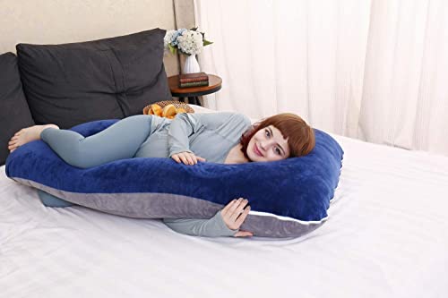 Image of U-Shaped Sleeping Pregnancy Pillow| Removable Washable Velvet Covers with Zipper| PregnoCare Fibres| Maternity, Nursing| Full Body Soft-Support Bump, Head, Back, Shoulder, Hips, Legs and Belly (Blue)