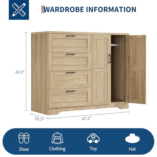 GarveeHome Multifunctional Wooden Dresser for Bedroom, 43.3'' H 2 Door Wardrobe Armoire Closet with 4 Drawers and Hanging Rod, Low Storage Cabinet for Hanging Cloth, Natural Oak