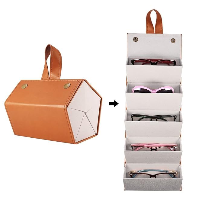 IDEA CHASERSGoggles Organizer Box with 5 Slots, Foldable Sunglasses Case, Travel Sunglass Organizer, Eyeglasses Display Container Box Holder Spectacles Case for Women & Men (Black & Brown) (5 Slot)