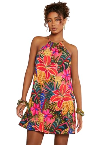 Image of KATECLO Women's Summer Halter Neck Printed Mini Dress - Casual Loose Fit Sleeveless Boho Beach Dress, Lightweight Vacation Sundress for Women