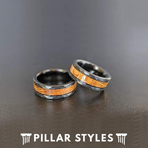 Pillar Styles Black Tungsten Whiskey Barrel Rings For Men 8Mm Hammered Wedding Bands Bourbon Wood Inlay Comfort Fit Rustic Wooden Anniversary Gifts For Him thumb #3