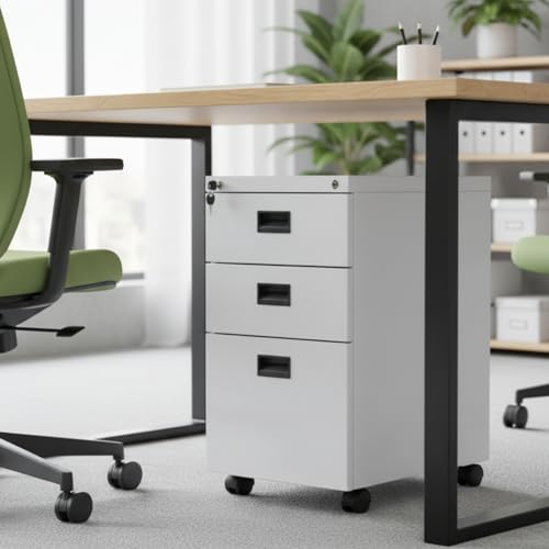 Image of Shubham Furnitures 3 Drawer Steel Pedestal Cabinet | Lockable Powder Coated Filing Cabinet for Files, Documents & Stationery | Office Storage Unit (Light Grey, Pedestal with Wheels)