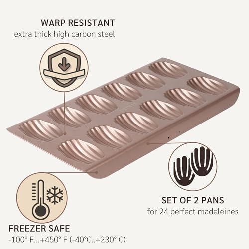 HAPPIELS Non Toxic Nonstick Madeleine Pan 12 Well Set of 2 (24 wells) | Non Stick Nontoxic Madeleines Pans for baking | Madeleine Cake Cookie Mold | Madeleine tray for oven | French tin 12 - Thumbnail 5