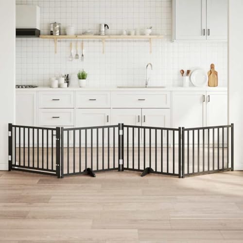 vidaXL Hundetor 6-TLG., Hundegitter Faltbar mit Tür Stützbeine, Schutzgitter für Wohnzimmer Küche Treppe, Haustiertor Türschutzgitter, Schwarz Massivholz Tanne