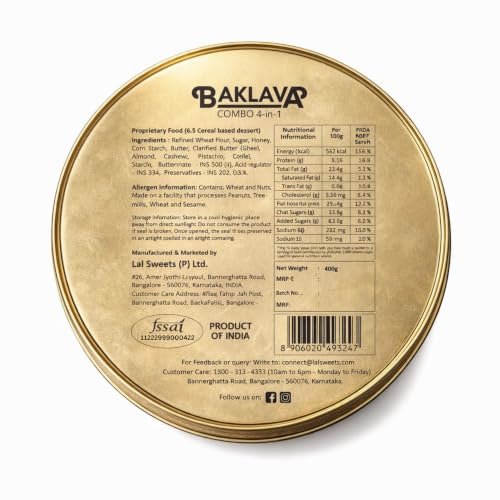 Image of Lal Sweets Baklava (4-in-1) Tin - 400g Assorted Baklawa | with Rakhi | Turkish Baklav Sweet Gift for Rakshabandhan | Includes Finger, Square, Pyramid & Rose Baklava Inside | Serves in 16 Pcs