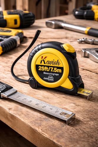 25ft/7.5m Kavish Measuring Tape Auto-Lock, Dual Scale Inch & Metric, Heavy-Duty Rubber Grip, Durable Steel Blade, Professional Measuring Tool for Construction, Carpentry, DIY & Home Use