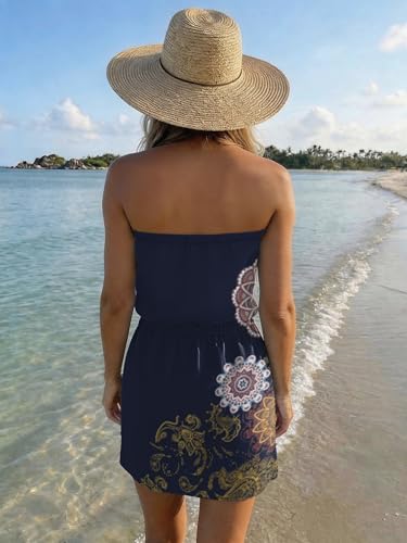 Image of Summer Dress for Women Strapless Beach Cover Ups Boho Sundress Mini Dress Drawstring Waist with Pockets