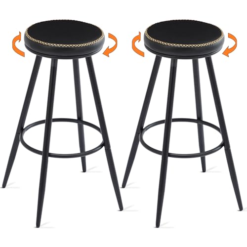 Image of FIRAVOE Bar Stools Set of 2, Swivel Backless 28 inch Counter Height Bar Stools for Kitchen Island, Faux Leather Counter Stools (Black, 2 PCS 28'' Height)