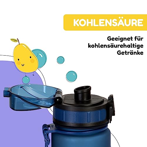 schmatzfatz Kinder Trinkflasche 400ml, Sport für Schule Kindergarten, 1-Klick Verschluss, Geschmacksneutrale Wasserflasche, Auslaufsicher mit Fruchteinsatz, BPA-Frei, Marineblau Raum