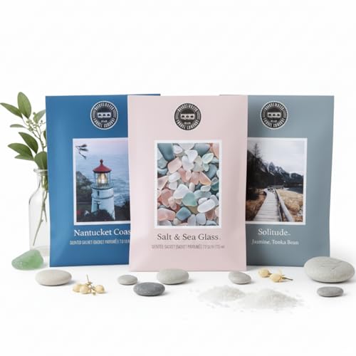 3er Set Duftsäckchen Home Salt and Sea Glass Solitude & Nantucket Coast frische Duftbeutel mit maritimen grünen und warmen Noten für Kleiderschrank Bad und Wohnraum bis 4 Monate Raumduft