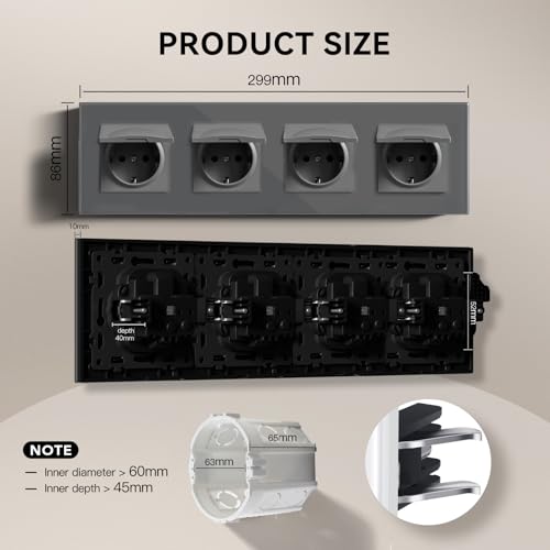 BSEED Steckdose mit Abdeckdung aus Glas, EU-Standard Wandsteckdose mit Krallen, Einbausteckdose, Einfach Montage, Neu E-Serie, 16A 250V, 299mm 4 Fach Grau