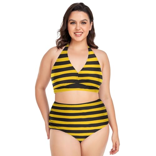 Women's Plus Size Bikini High Waisted Halter Bathing Suit Set Bumble Bee Stripe Ruched Tummy Control Swimwear