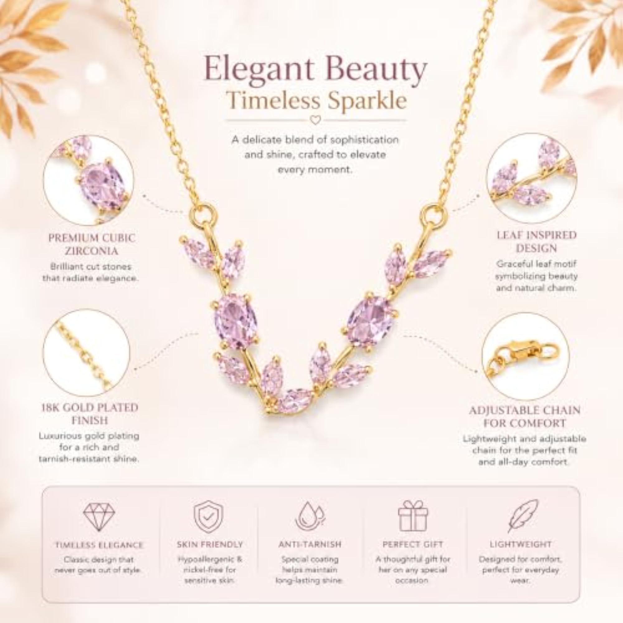 Women's Pink Crystal Leaf Tulip Necklace with Gold-Tone Chain