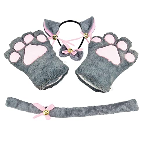 Uwantme Cat Cosplay Costume Cat Ears And Tail With Collar, Cat Paws Gloves Set For Halloween Chrismas Party Dress Up Grey #TOP8
