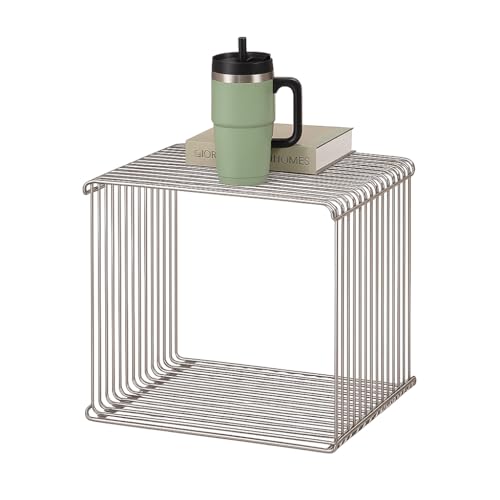 Sekcrlaumix Square Geometry Retro Side Table Linear Metal End Table, 304 Stainless Steel Side Table,Wire Cube Storage Rack, Book Stackable, Stainless Steel Coffee Table,Multi-Purpose Accent Table
