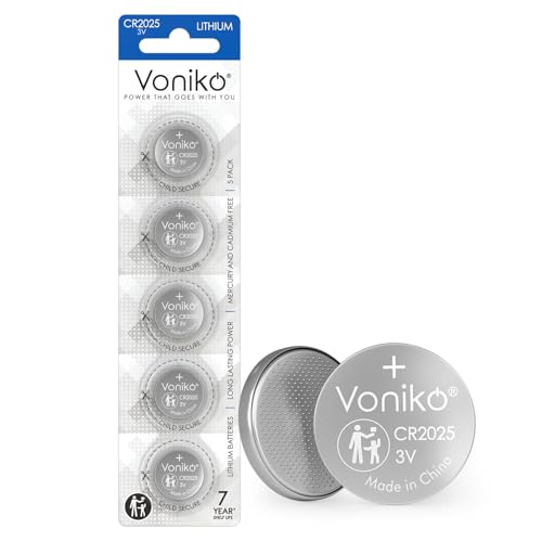 Voniko 3 Volt CR2025 Battery 5 Pack – CR 2025 Button Cell Battery – 2025 Lithium Coin Batteries, 7 Years Shelf Life