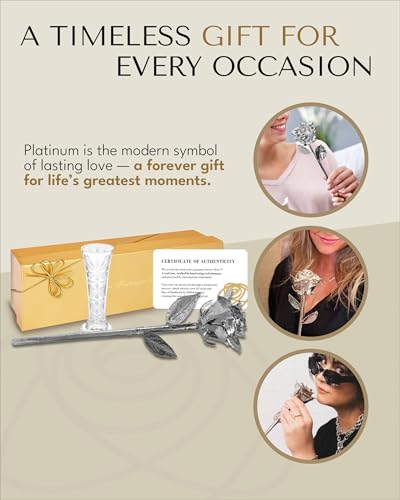 Image of Forever Rose Real Rose Dipped in Platinum, Clear Glass Bud Vase & Gold Box