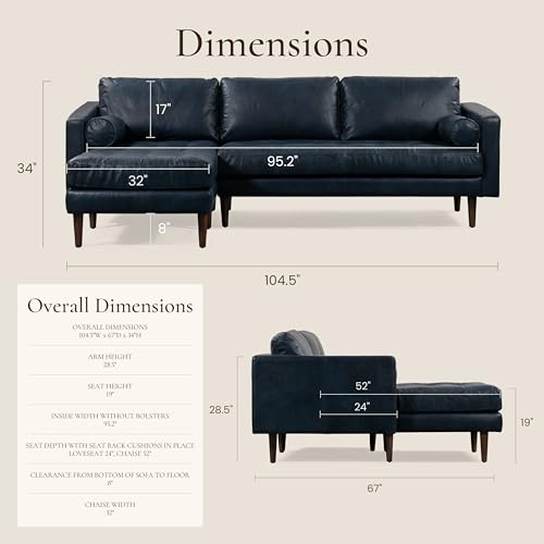 Image of Poly & BARK Napa 104.5 inch Left-Facing Sectional Sofa - Midnight Blue Full-Grain Pure-Aniline Italian Leather, Feather-Down Cushions, Kiln-Dried Solid Wood Frame, Walnut Legs