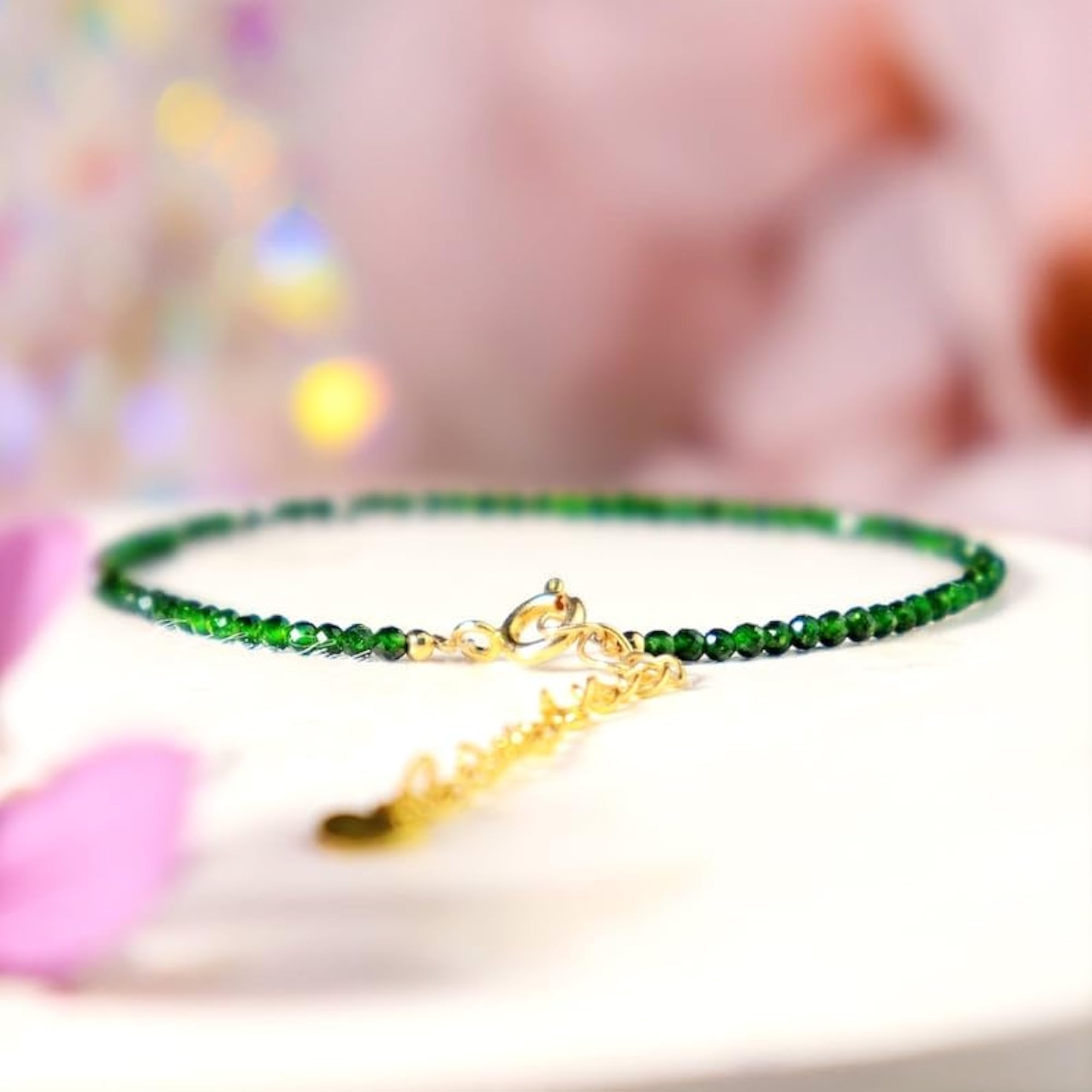 Green Goldstone 2mm Round Bead Bracelet with Adjustable Gold Plated Clasp