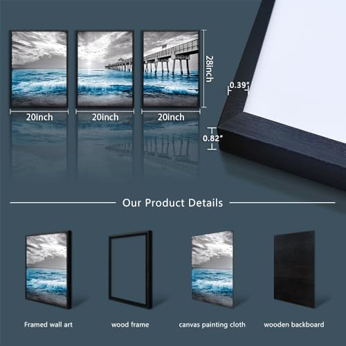 DZRWUBHS Black Framed Wall Decor For Living Room Large Canvas Wall Art For Bedroom Office Wall Decorations Black And White Wall Painting Blue Sea Wave Pictures Artwork For Posters Prints Home Decor