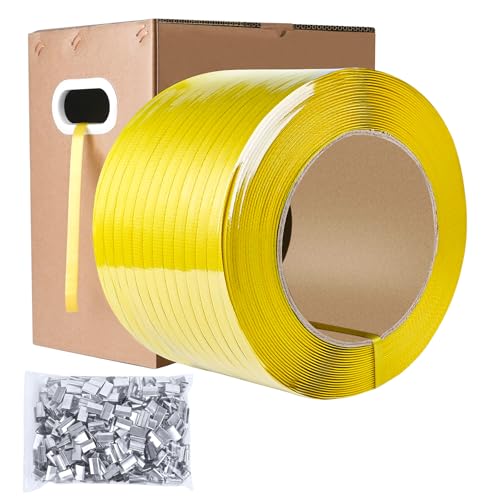 Image of MYFAMIREA Heavy Duty Packaging Strapping, 1 /2 inch x 3500FT Polypropylene Plastic Packaging Strapping, 300 Metal Seals, for Pallets, Logistics, Warehouse, Box Packaging and Shipping, Yellow