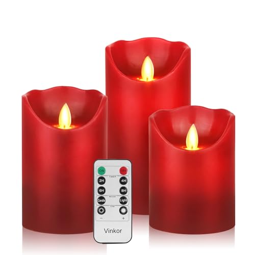 Vinkor Flameless Candles Flickering Candles Decorative Battery Flameless Candle Classic Real Wax Pillar with Dancing LED Flame & 10-Key Remote Control 2/4/6/8 Hours Timers (Burgundy)