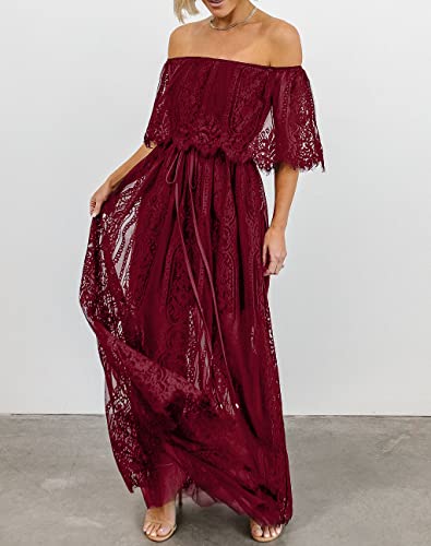 Image of HOYISHION Women's Off The Shoulder Floral Lace Maxi Dress White Bridesmaid Wedding Party Maternity Photoshoot Long Dresses