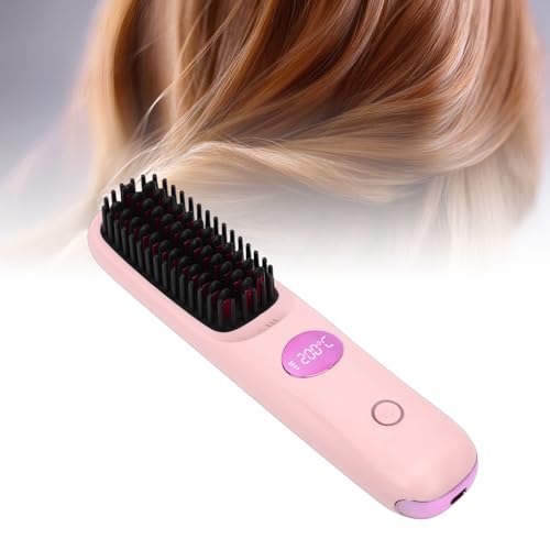Plancha de pelo inalámbrica con peine, calentamiento rápido, recargable por USB, con pantalla LCD y distribución uniforme del calor, para viaje y uso diario (rosa) miniatura 2