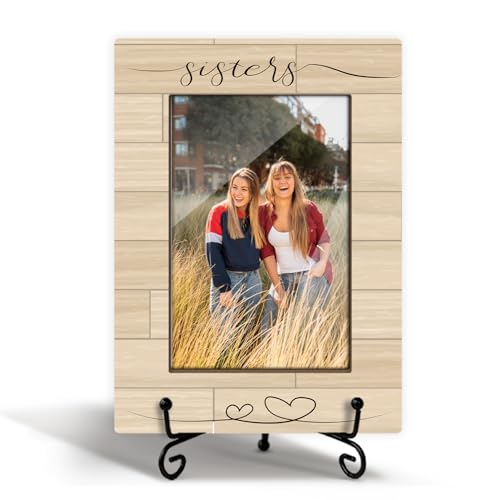HQLOW Sisters Gift Sister Picture Frame Friendship Gifts for Women, Graduation Gift Birthday Gifts Table Desk Shelf Decor Wood Photo Frame Fits 4x6 Vertical with Stand for Friends -06