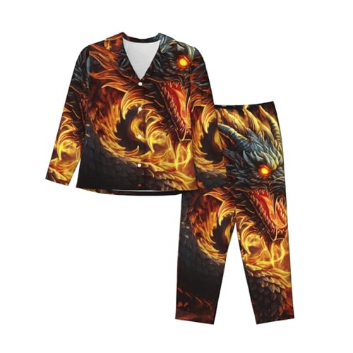 Pyjama imprimé dragon chinois pour femme ensemble de nuit haut de gamme à boutons noir