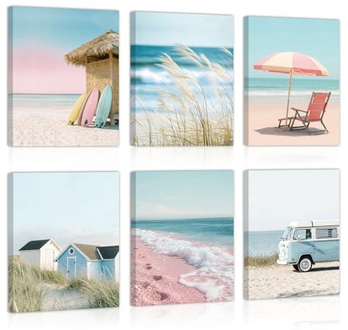 Image of CHDITB Coastal Beach Pastel Framed Canvas Wall Art, Ocean Summer Scenery Artwork, Boho Seaside Cottage Wall Decor, Pink Sand Wave Beach Hut Art Prints For Living Room Bedroom Decor 8 inchx10 inchx6