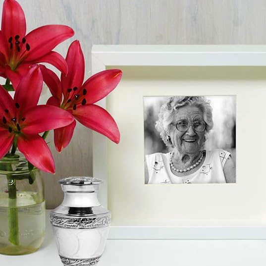 Image of Trupoint Memorials Cremation Urns for Human Ashes, Silver Lining Decorative Burial Urns for Male and Female, Funeral Memorial Urn for Women and Men - White with Silver Lining, 4 Keepsakes