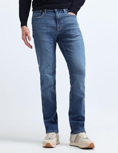 Image of Flying Machine Men's Slim Straight Fit Jeans| Solid | Mid Rise | Stretchable | Jeans for Man