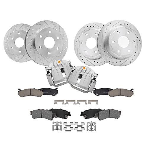 Image of Detroit Axle - Front & Rear Drilled Rotors Ceramic Brake Pads + Rear Brake Calipers Replacement for 2003 2004 2005 2006 Chevrolet GMC Silverado Sierra 1500