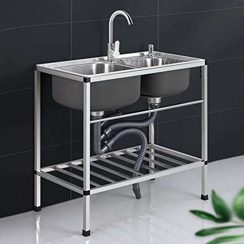 Fregadero de cocina para exteriores, fregadero independiente de doble cubeta, fregadero utilitario con grifos de agua fría y caliente, escurridor, estante de almacenamiento para cocina, restaurante,