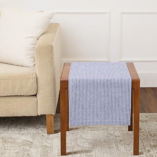 Solino Home 100% Pure Linen Table Runner 14x36 Inch - Narrow Stripe Small Navy and White Cloth Table Runner for Dresser, Coffee Table, Handcrafted Machine Washable - Summer, 4th of July by Solino Home - Used condition - US$16.79
