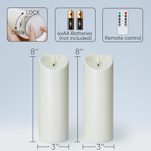 Image of Homemory Outdoor Waterproof LED Candles, Battery Operated with Remote and Timers, Electric Fake Plastic Pillar Candles, Ivory White, Set of 2