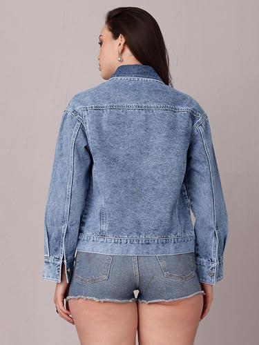 Image of Miss Chase Women's Polo Neck Full Sleeves Patch Pocket Denim Overcoat Knee-Length Jacket