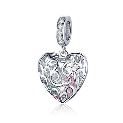 FeatherWish Ik hou van je hart bengelen 925 sterling zilveren bedel met filigraan patroon en zirkonia compatibel met Pandora armband Europese 3mm charme armbanden en ketting (zilver)