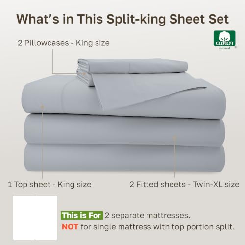 Image of California Design Den 500TC 100% Cotton Split King Sheets Set, Mineral Grey | Good Housekeeping Seal, OEKO-TEX Certified, Silky-Soft Sateen Weave, 5pc Set, 15 inch Deep Pockets, For Hot Sleepers, All-Season