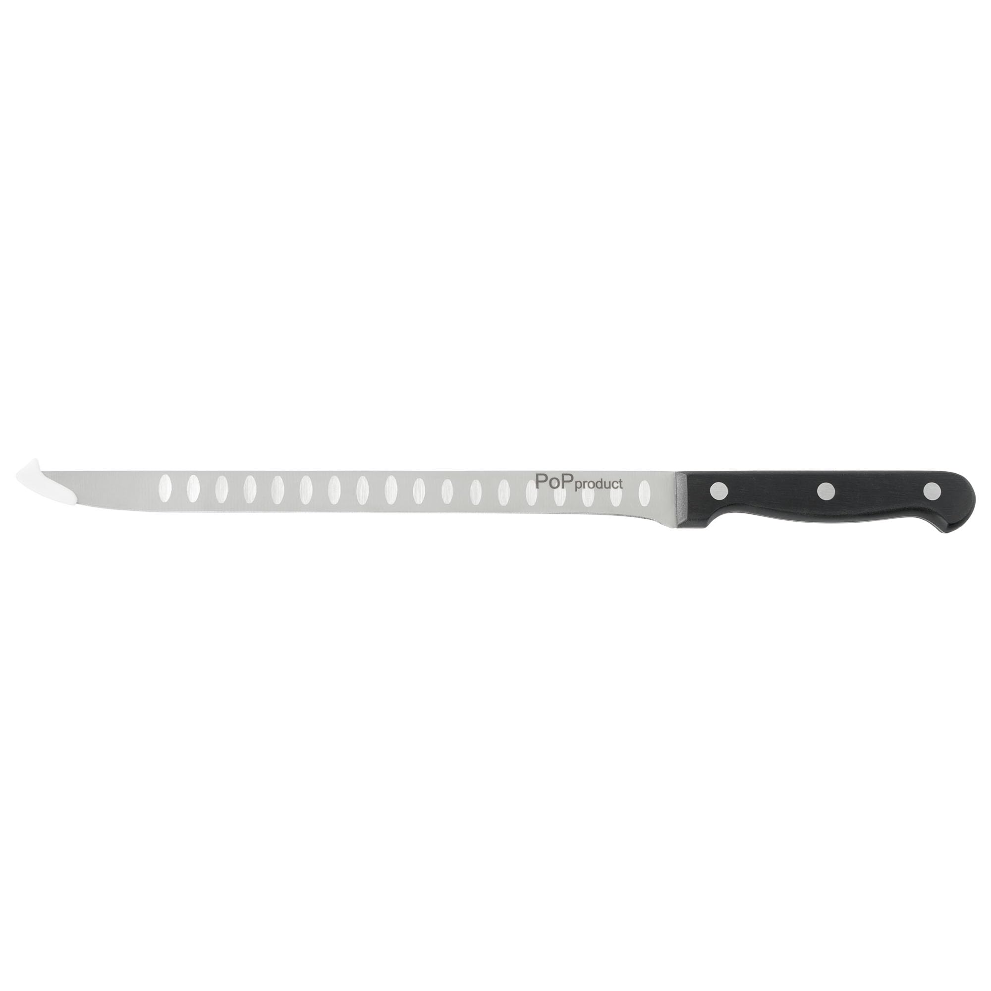 Cuchillo Jamonero Forja de Acero Alemán, alveolado en las dos caras. Hoja de 255 mm de acero inoxidable. Mango ergonómico de Polioximetileno-POM de 120 mm.