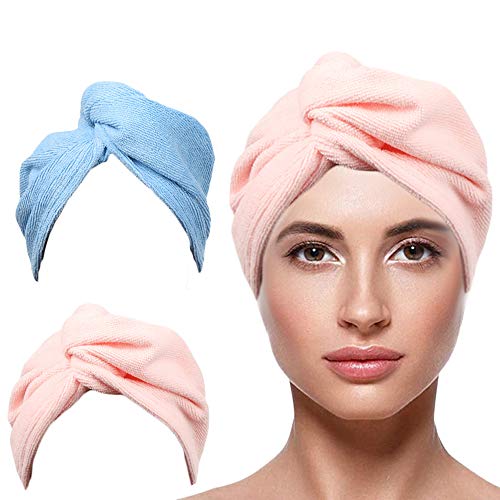 FOVIUPET 2Pack Microfiber Hair Towel Wrap with Hair Towel, 10x26" Super Absorbent Quick Dry Hair Turban for Drying Curly, Long & Thick Hair (pink+blue)
